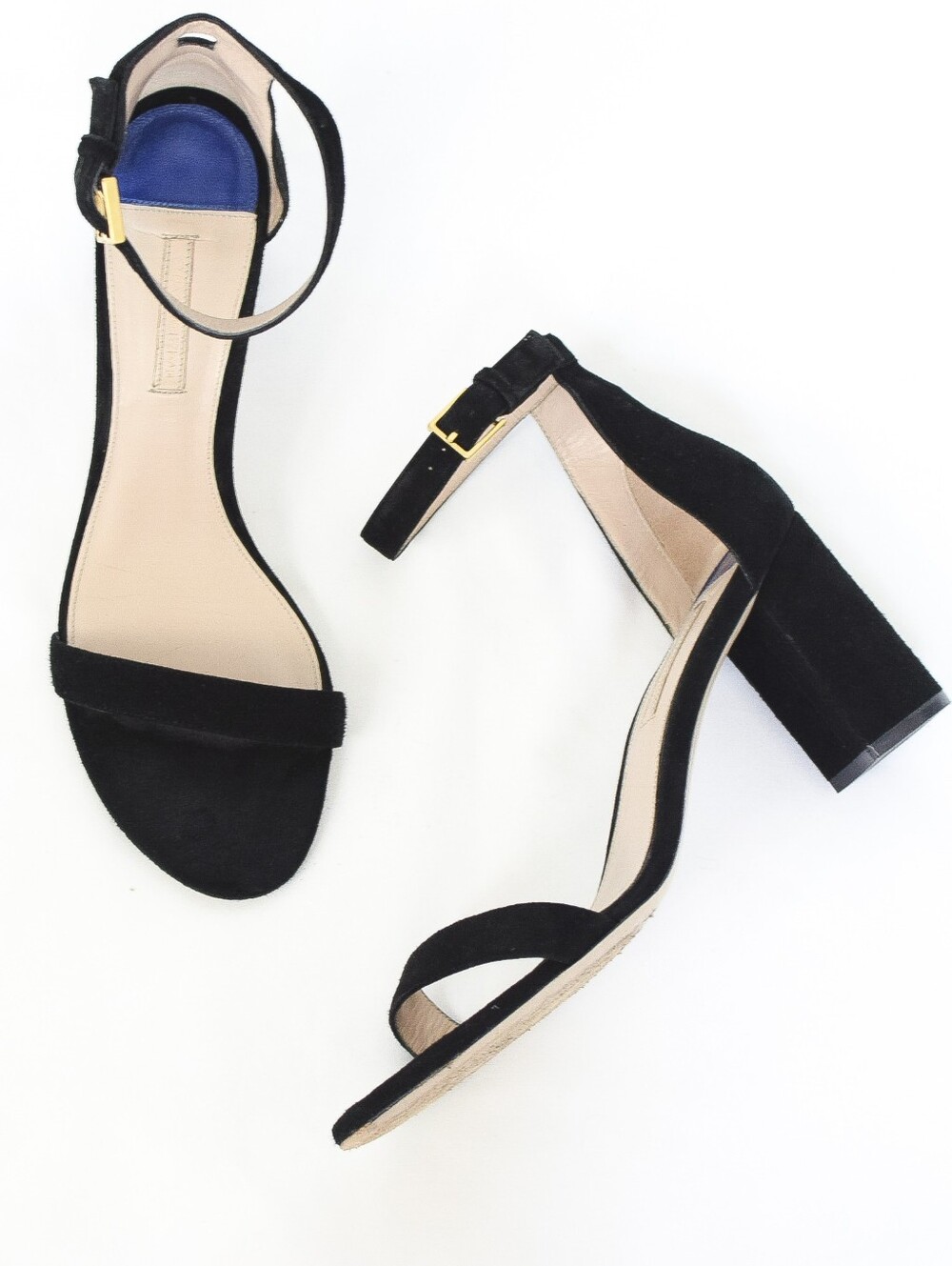 Stuart Weitzman 75 Less Nudist Suede Block Heels Sandal Pumps Black Size 10.5